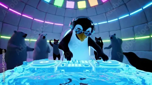 Cool penguin DJ spins beats for polar bear and seal party in vibrant, glowing igloo nightclub with energetic dancing crowd