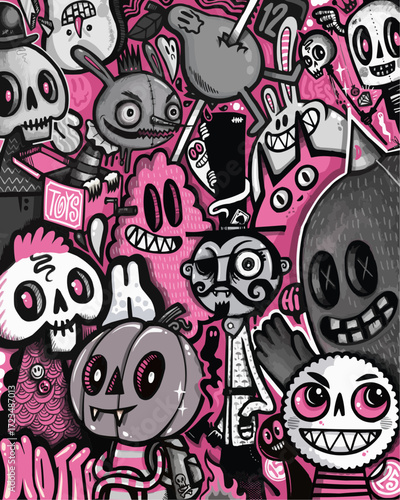 Whimsical characters and spooky Halloween elements create a vibrant, playful, and slightly eerie doodle art scene
