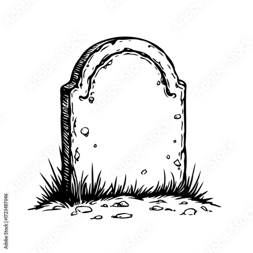 Sketch illustration of a blank tombstone surrounded by grass and small rocks in black and white