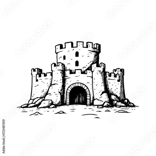 Sketch illustration of a majestic medieval fortress with towering walls, capturing imagination and