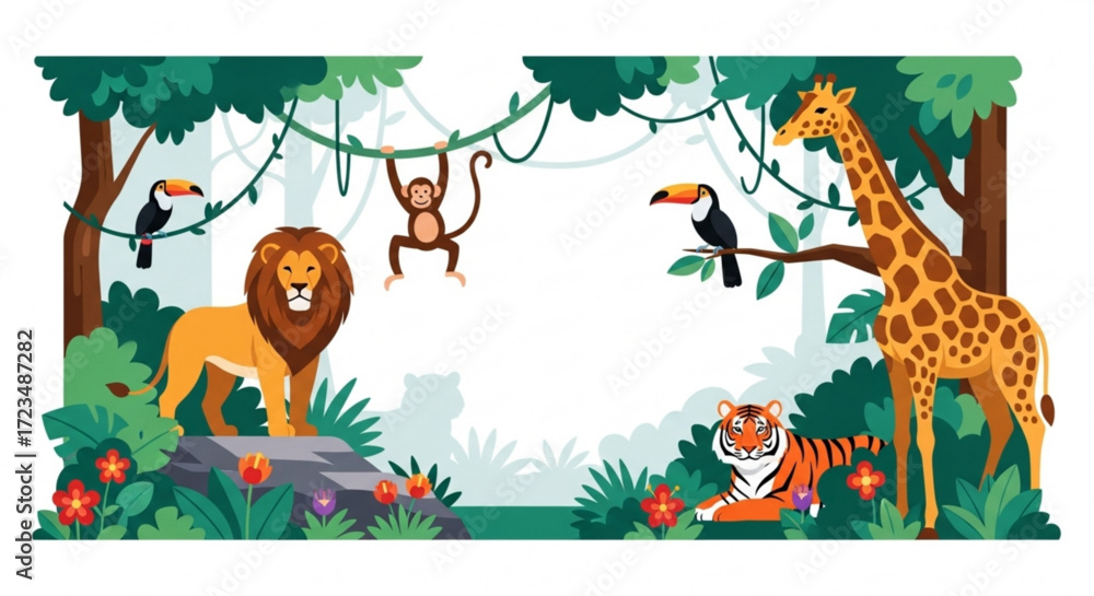 Fototapeta premium A vibrant jungle scene featuring a lion, tiger, monkey, giraffe, and toucans, creating a lively and colorful wildlife illustration