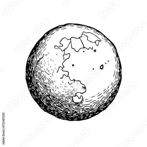 Sketch of a celestial body displaying topographical surface features and textural shading