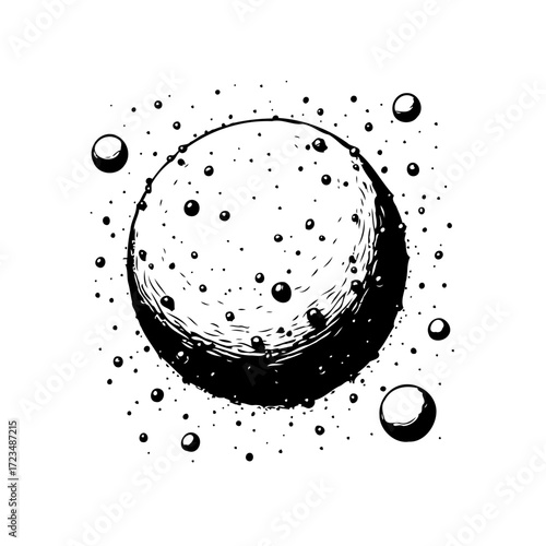 Sketch of a celestial sphere surrounded by smaller orbs suggesting vastness and mystery of the space