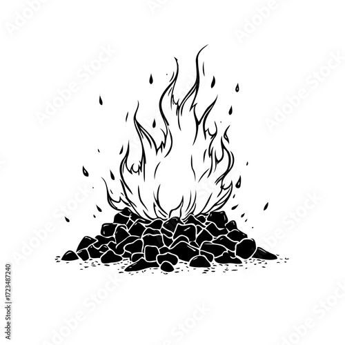 Sketch of bonfire with glowing flames illuminating the night outdoors while camping in the woods
