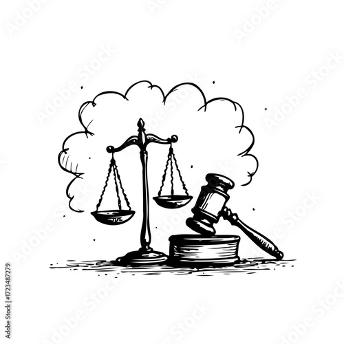 Sketch of justice scales and gavel showcasing law concept with balanced legal principles and
