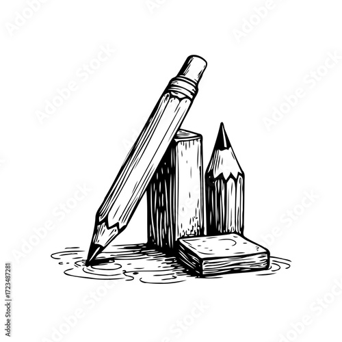 Sketch of stationery, pencils and erasers, symbolizing creativity, drawing, writing, and the art