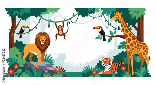 A vibrant jungle scene featuring a lion, tiger, monkey, giraffe, and toucans, creating a lively and colorful wildlife illustration