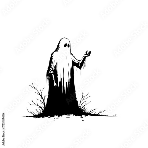 Spectral presence evokes eerie solitude in an inky realm a monochrome ghost story unfolds,