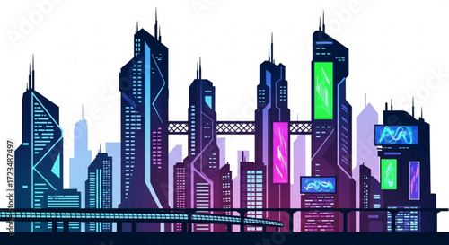 Futuristic city with skyscrapers and neon lights, showcasing a modern and technologically advanced urban landscape