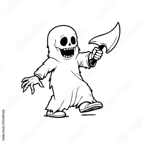 Spooky specter wielding a crude axe illustration evoking a sense of eerie foreboding and Halloween