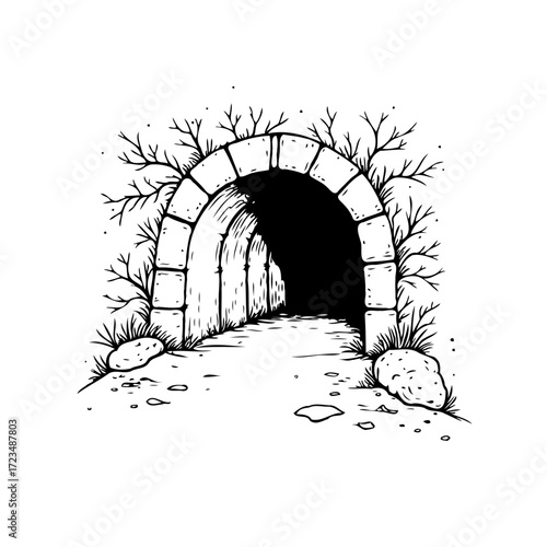 Stone archway tunnel entrance with surrounding vegetation sketch style black and white vector