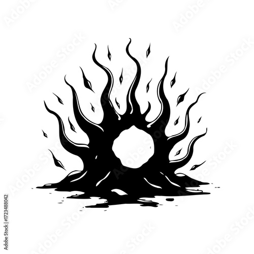 Stylized black fire or flames surrounding a central void evokes concepts of power and mystique