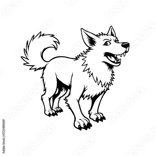 Stylized canine character illustration with confident stance displaying prominent canine teeth
