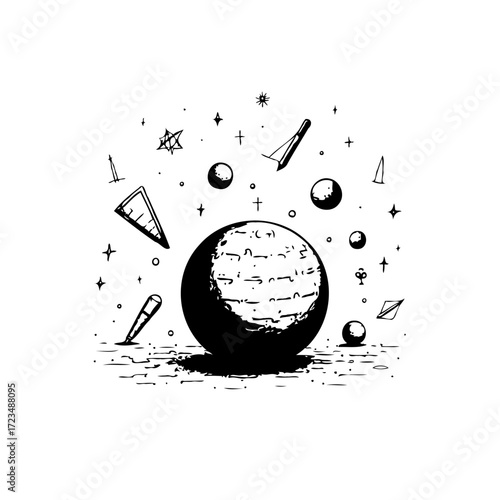 Stylized celestial sphere illustration adorned with planets, stars, and geometric forms on a clean