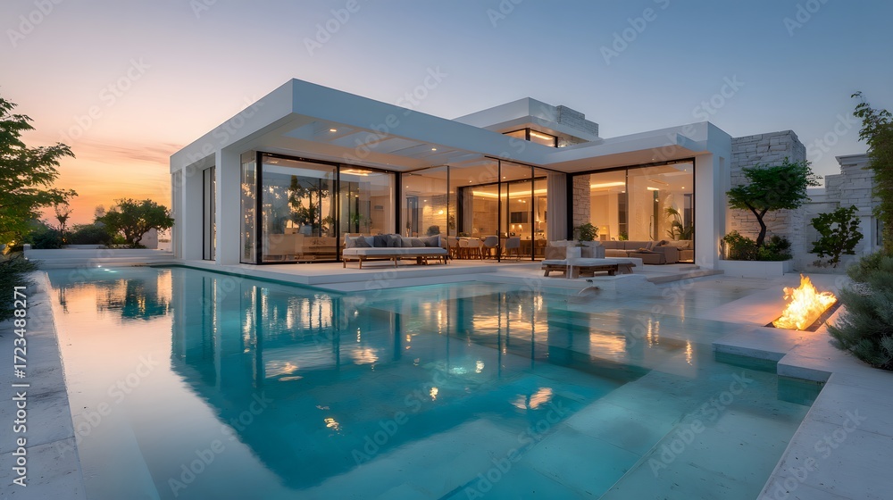 Fototapeta premium Elegant, wide-angle shot of a luxurious modern villa with floor-to-ceiling glass walls beside a tranquil reflection pool as the sun sets.
