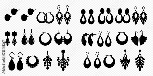 An assortment of earring silhouettes in various shapes and styles, displayed in rows on a transparent background.