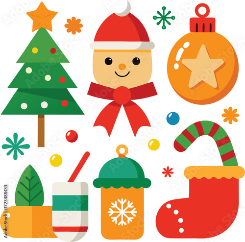 Vector art of a charming assortment of christmas symbols such as a green fir tree, a cheerful snowman, a striped candy cane, a red stocking, and a festive bauble, all presented on a clean