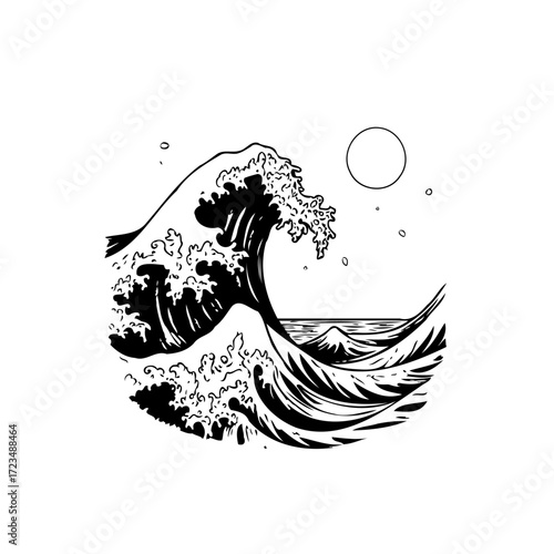Stylized ocean wave illustration under a simple sun evokes nature's power in minimalist design