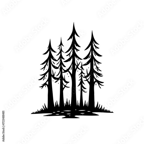 Stylized pine tree grove artwork evoking nature's embrace, forest silhouettes, woodland charm,