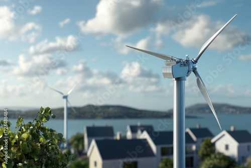 Wind turbines generate renewable energy in a coastal town during a sunny day