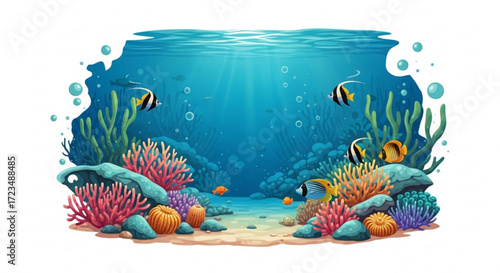 Underwater scene with coral reef and fish, a vibrant marine ecosystem illustration with sunlight filtering through the water