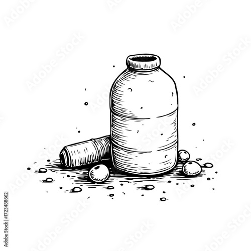Stylized vintage illustration showcasing spilled pills and an open medicine bottle with scattered