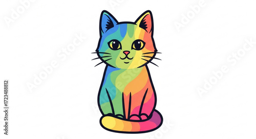 A cute rainbow cat with vibrant colors and big eyes, sitting upright, , a cheerful and playful illustration
