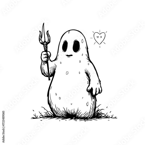 Whimsical apparition wielding trident with a heartwarming halo casting a playful spectral essence