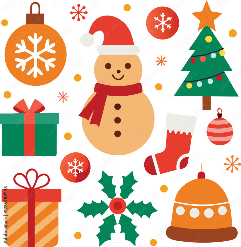 Fototapeta premium Vector art of collection of festive christmas icons including a snowman, decorated christmas tree, gift boxes, ornaments, candy canes, and snowflakes, all isolated on a