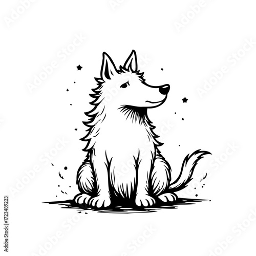 Whimsical canine character illustration with minimalist black and white vector artwork style