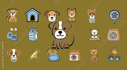 Cute Dog Breed Illustrations with Food, Toys, and Paw Prints