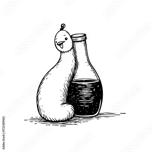 Whimsical creature hugging a dark liquid filled bottle in charming hand drawn monochrome