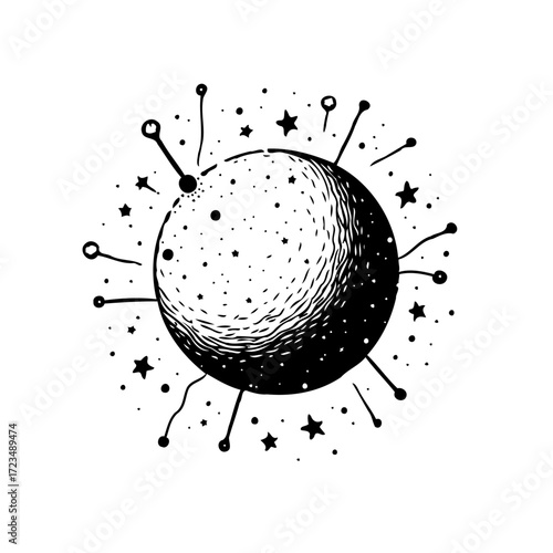 Whimsical cosmic object surrounded by scattered stars and radiating connection lines evokes a