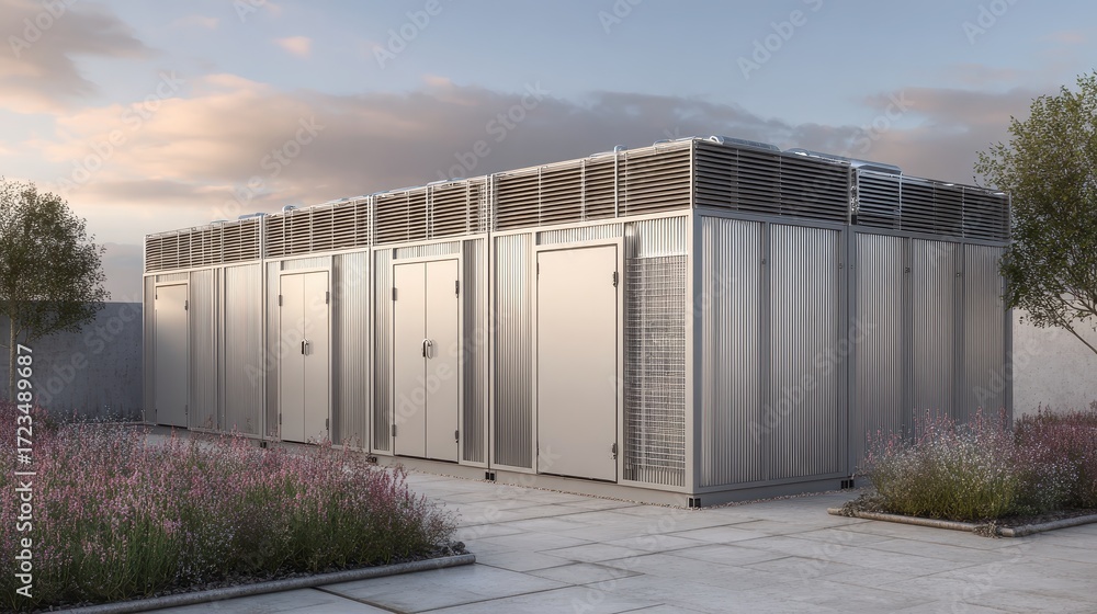 Obraz premium Modern Energy Storage Facility Surrounded by Nature and Vegetation