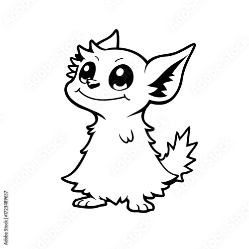 Whimsical creature illustration featuring fluffy fur, charming smile, and playful pose in black