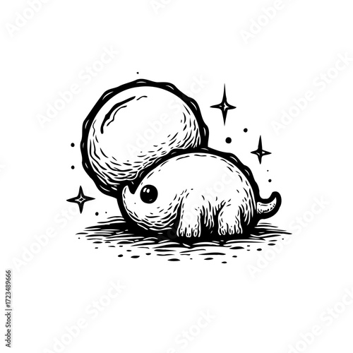 Whimsical creature pushing a spherical object amidst twinkling stars in a black and white graphic
