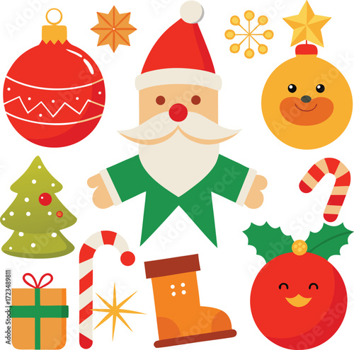 Vector art of a collection of festive christmas icons, including santa claus, a christmas tree, ornaments, candy canes, a gift box, and a stocking, all isolated on a