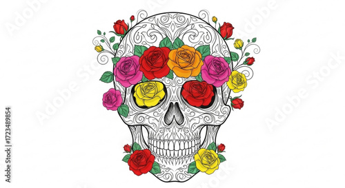 Intricate sugar skull illustration, adorned with vibrant roses in red, yellow, and pink, creating a festive and artistic design