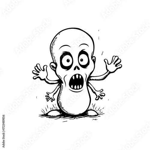 Whimsical depiction of a surprised alien creature raising its arms in astonishment or fright and