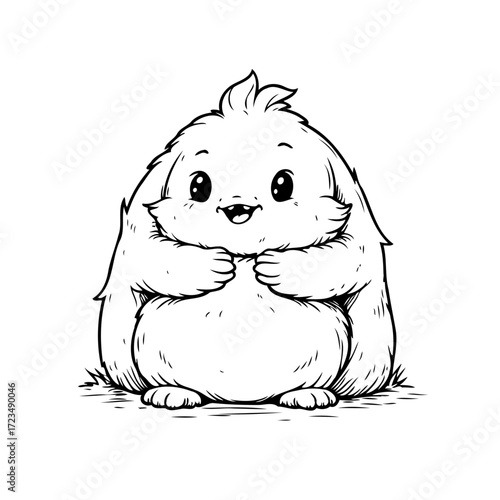 Whimsical fluffy creature character illustration in monochrome for children's books and creative