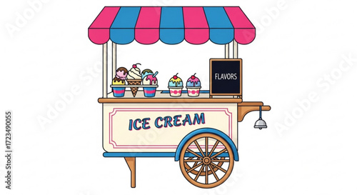 A charming ice cream cart with colorful treats, , a delightful scene of summer fun and sweet indulgence