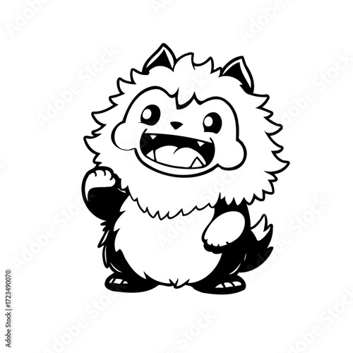 Whimsical fluffy creature with joyful expression black and white illustration perfect for