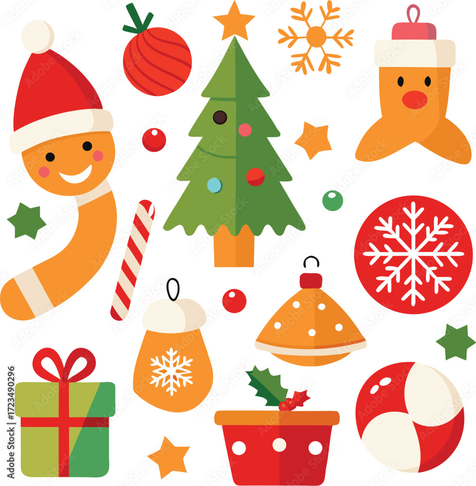 Fototapeta premium Vector art of a vibrant assortment of christmas and holiday symbols, featuring a gingerbread man, christmas tree, gift, holly, candy cane, snowflake, and baubles, presented on a clean