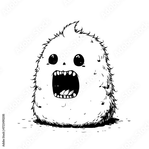 Whimsical fuzzy creature with surprised expression creating cartoonish and charming visual artwork