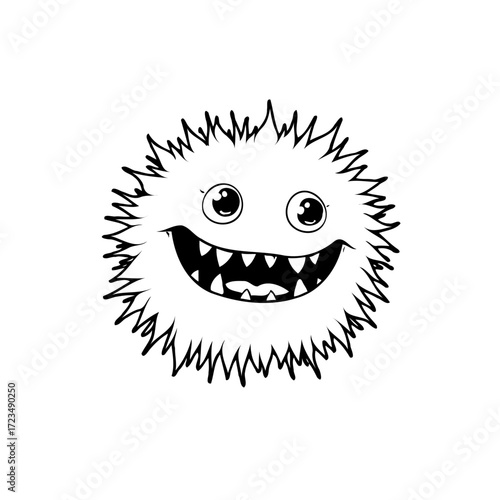 Whimsical hairy orb with endearing eyes and toothy grin in a playful illustration