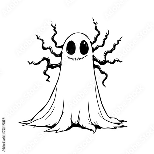 Whimsical halloween apparition with branch-like tendrils, a cute and spooky drawing suitable for