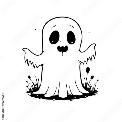 Whimsical halloween ghost illustration a cute spooky character with simple grass details adding