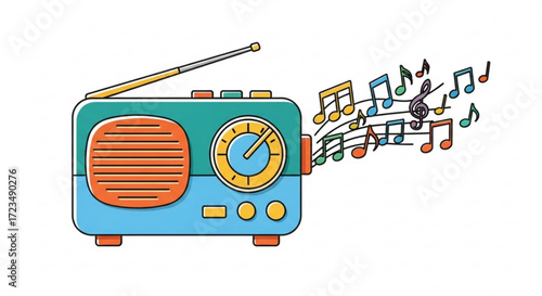 Vintage radio broadcasting music and sound waves illustration for audio and entertainment content creation