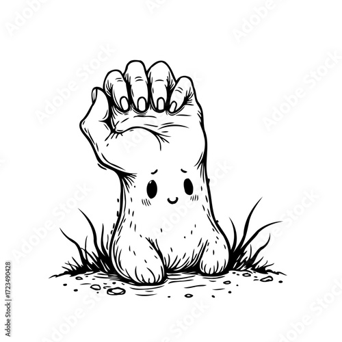 Whimsical hand creature emerging from ground a quirky ink drawing illustration and surreal artwork