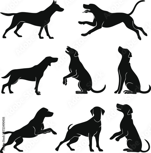 Vector art of silhouette of dogs in various poses collection of different dog breeds in black color set of vector illustrations of dogs standing, sitting, jumping, and barking